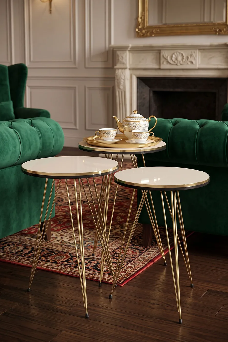 Round 4-Piece Table Set Gold Wire Legs - Cream 1