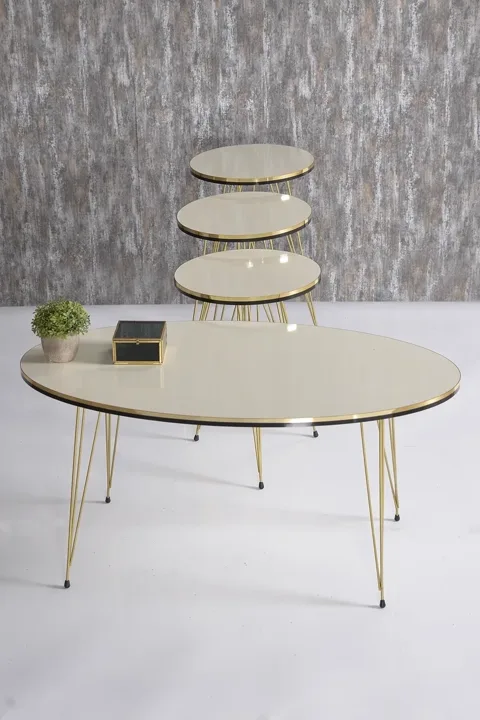 Round 4-Piece Table Set Gold Wire Legs - Cream 1