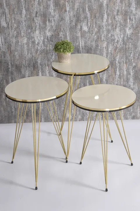 Round 4-Piece Table Set Gold Wire Legs - Cream 1