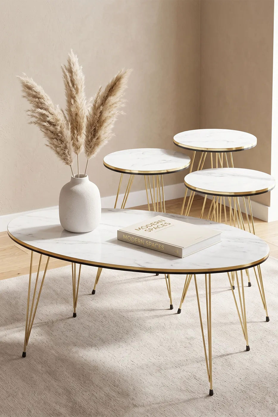 Round 4-Piece Table Set Gold Wire Legs - Cream 1