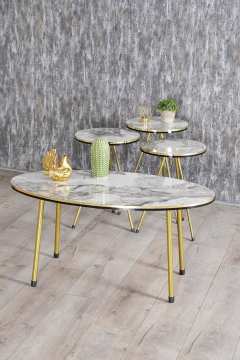 Oval Coffee & Nesting Table Set Gold Metal Legs - White Marble Effect