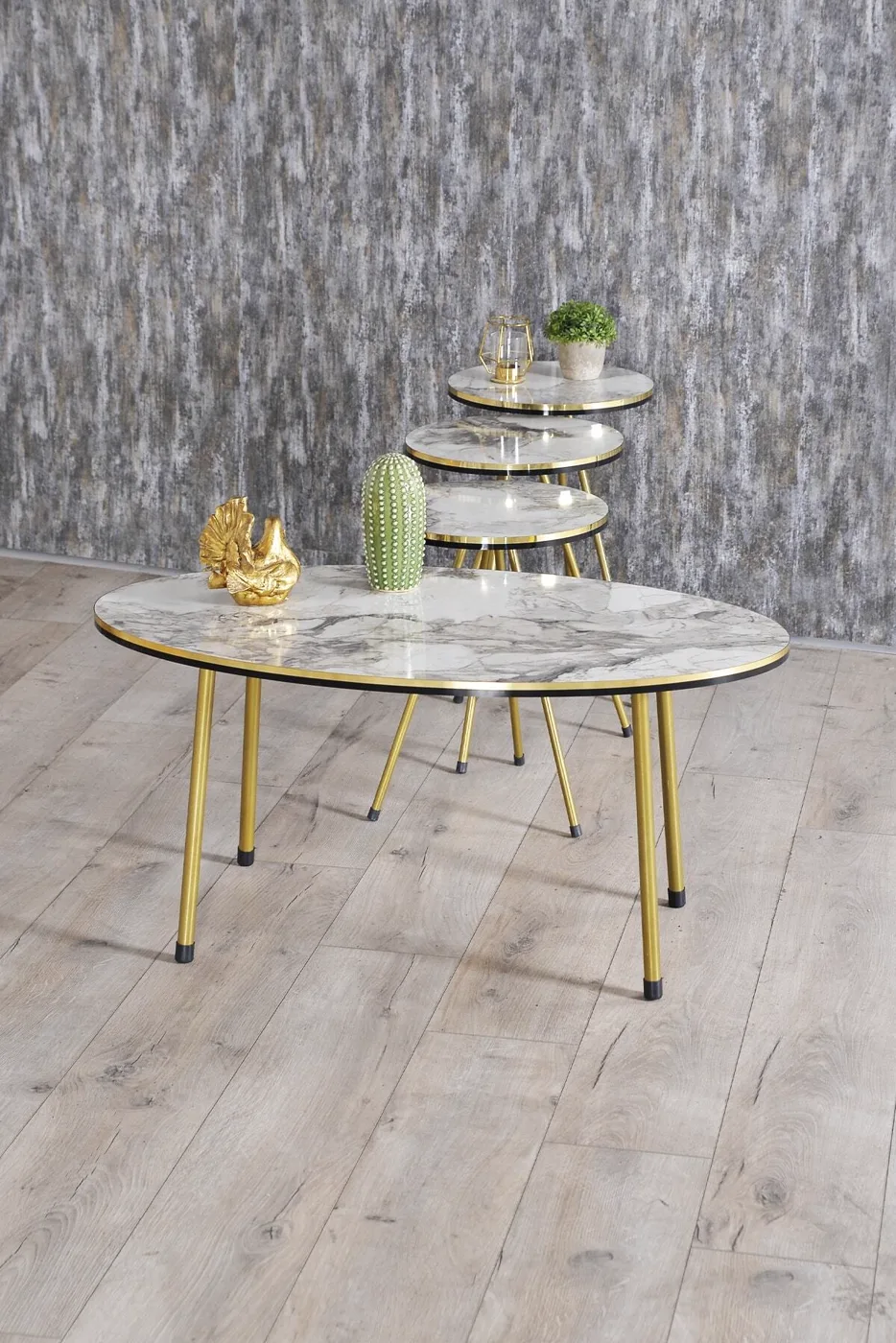 Oval Coffee & Nesting Table Set Gold Metal Legs - White Marble Effect