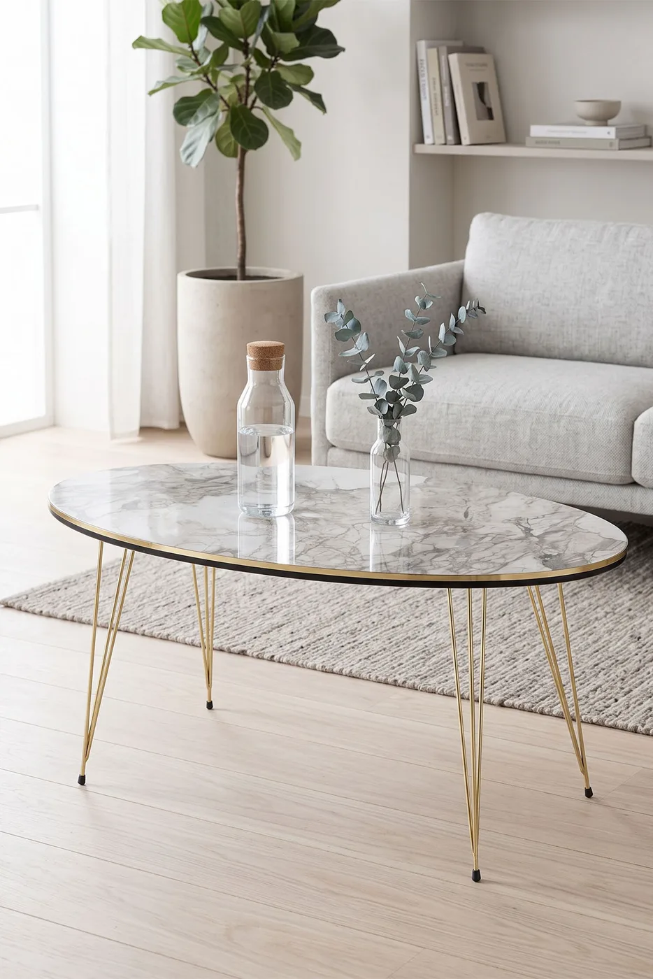Oval Coffee Table Gold Wire Legs - White Marble Effect
