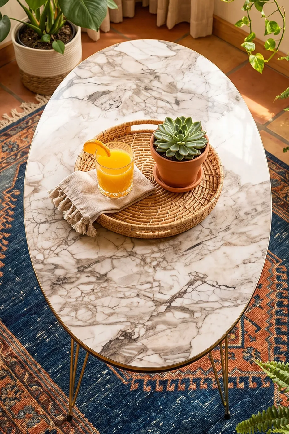 Oval Coffee Table Gold Wire Legs - White Marble Effect