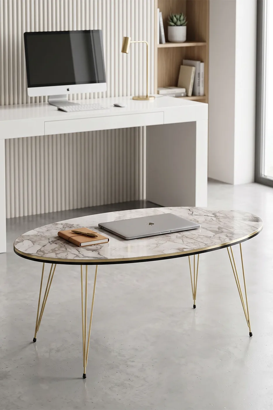 Oval Coffee Table Gold Wire Legs - White Marble Effect