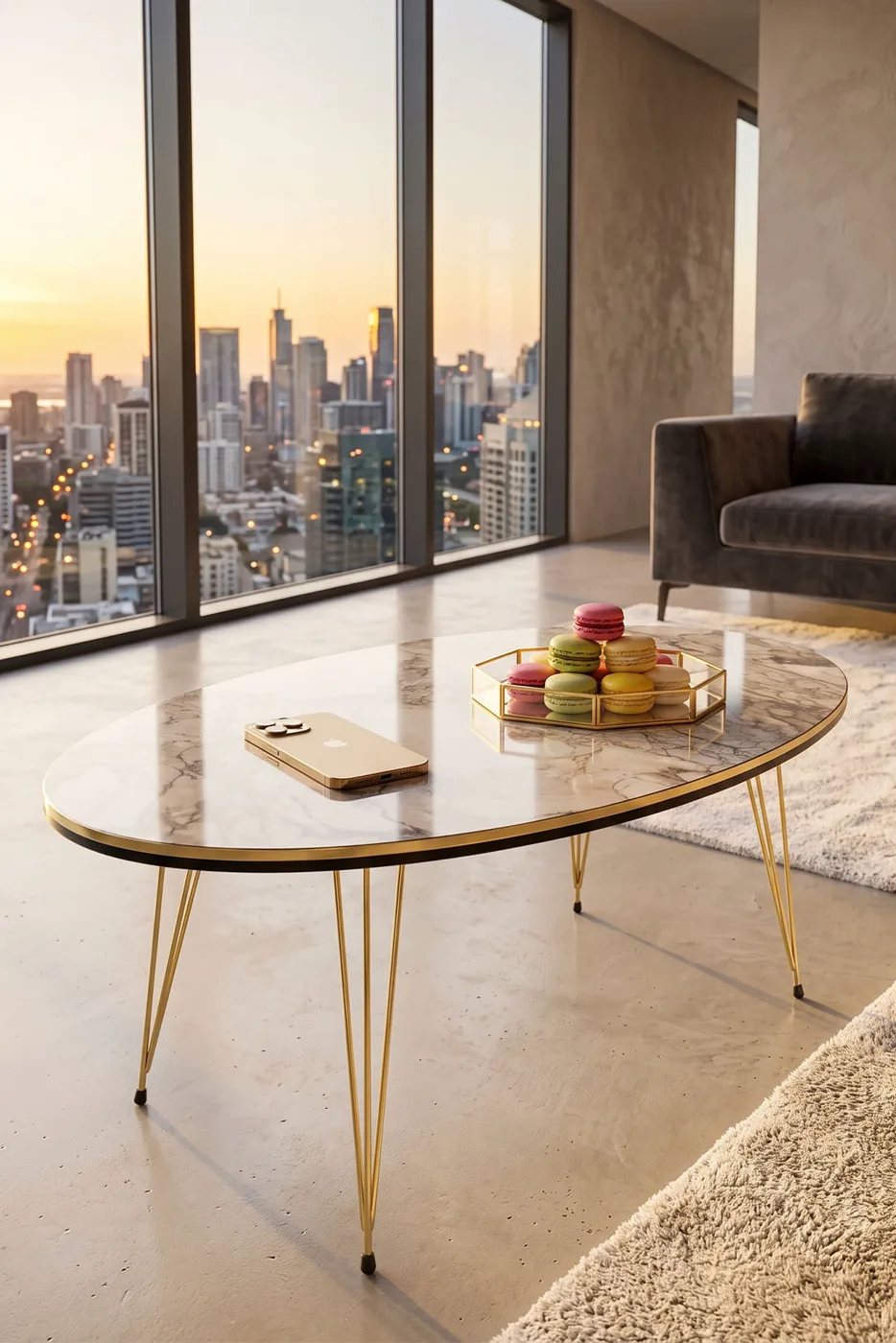 Oval Coffee Table Gold Wire Legs - White Marble Effect