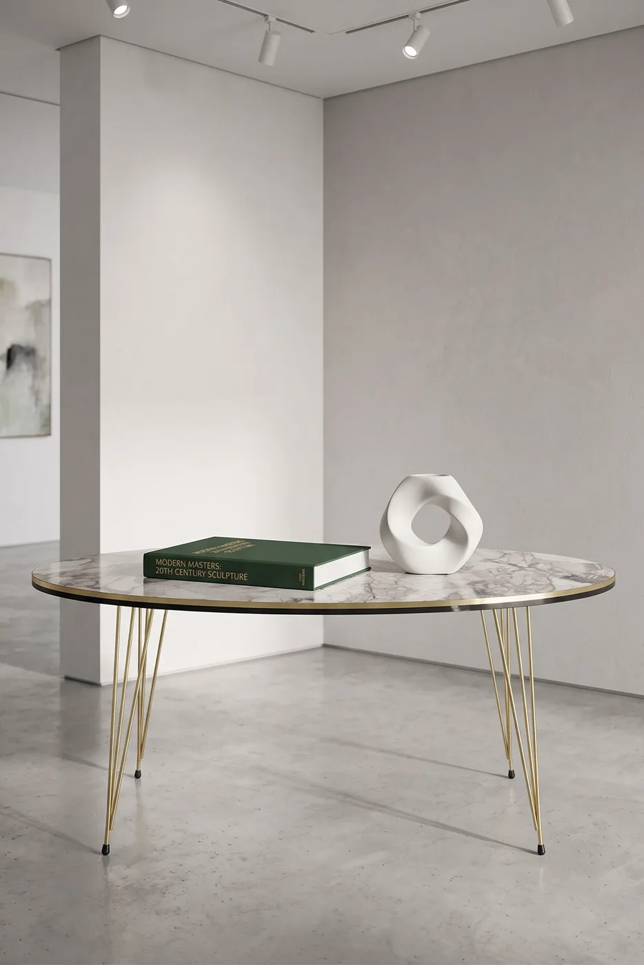 Oval Coffee Table Gold Wire Legs - White Marble Effect