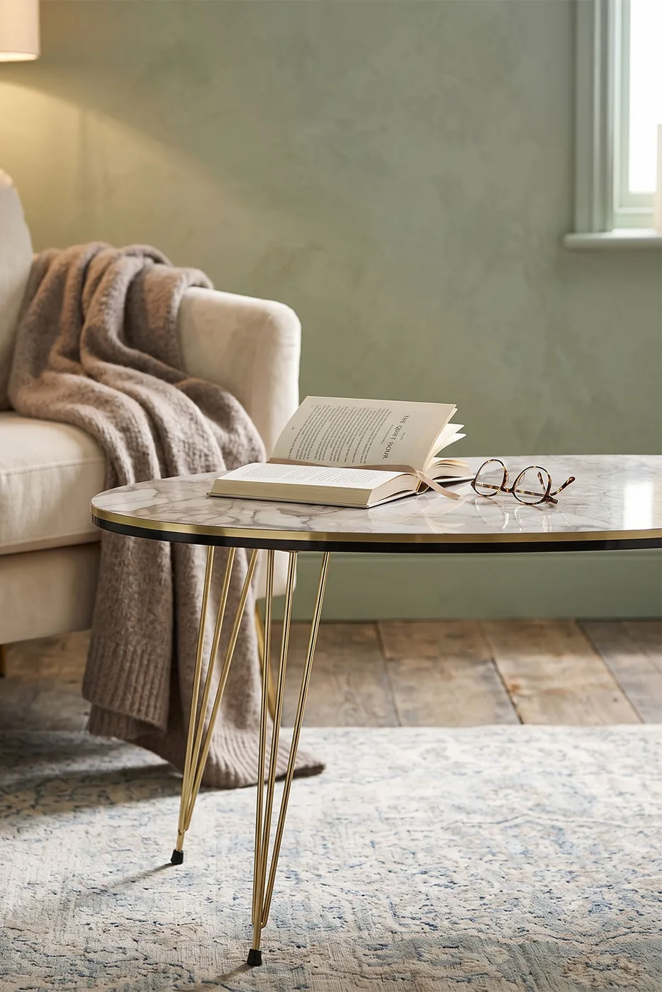 Oval Coffee Table Gold Wire Legs - White Marble Effect