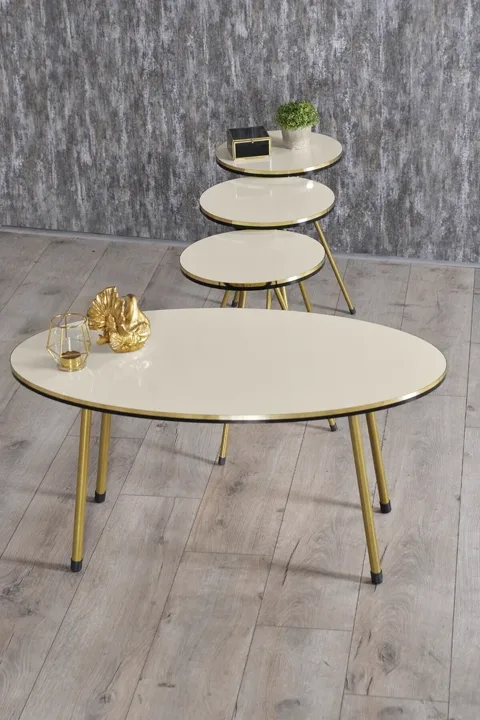 Oval Coffee & Nesting Table Set Gold Metal Legs - Cream