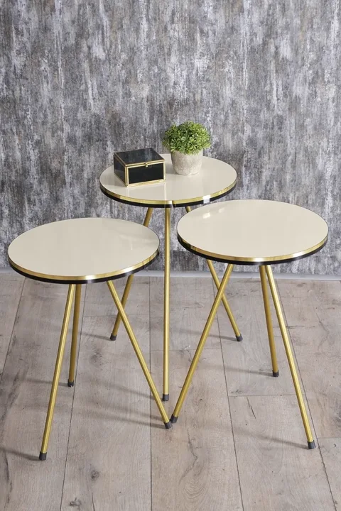 Oval Coffee & Nesting Table Set Gold Metal Legs - Cream