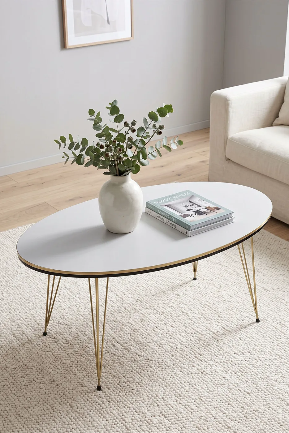 Oval Coffee Table Gold Wire Legs - White