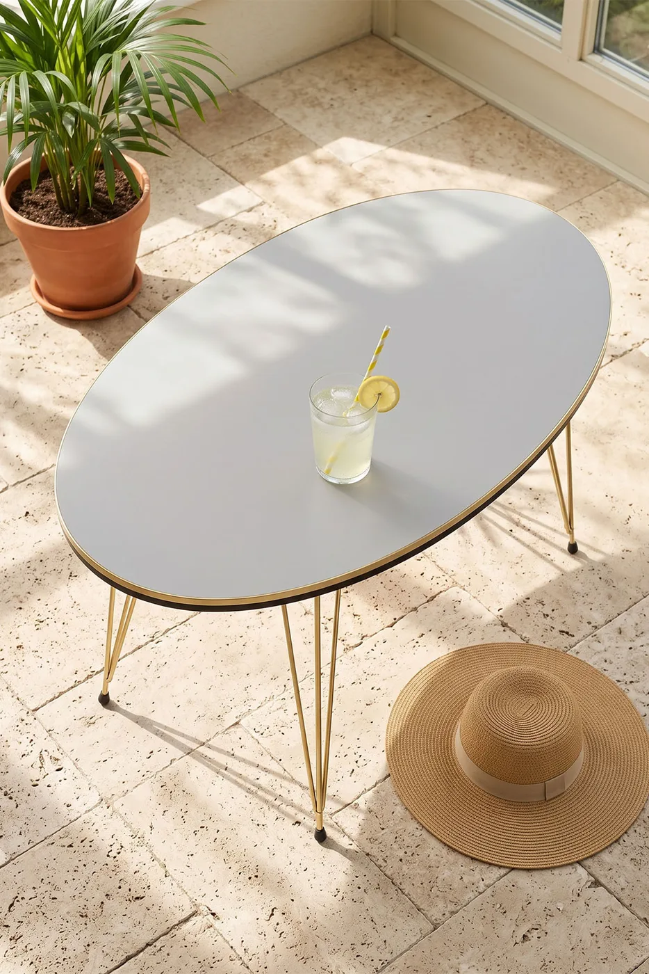 Oval Coffee Table Gold Wire Legs - White