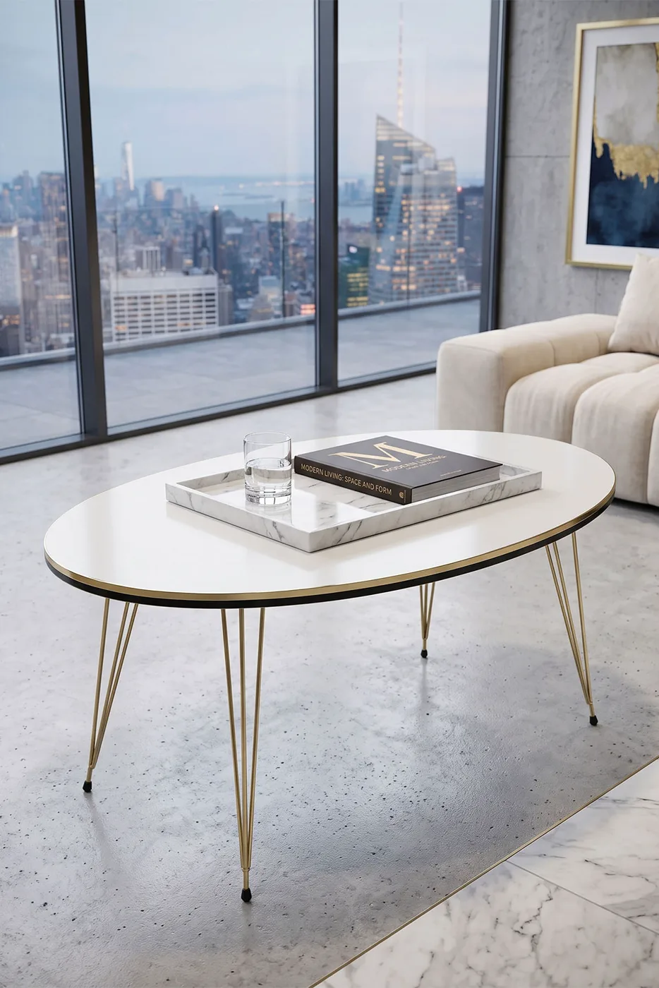 Oval Coffee Table Gold Wire Legs - White
