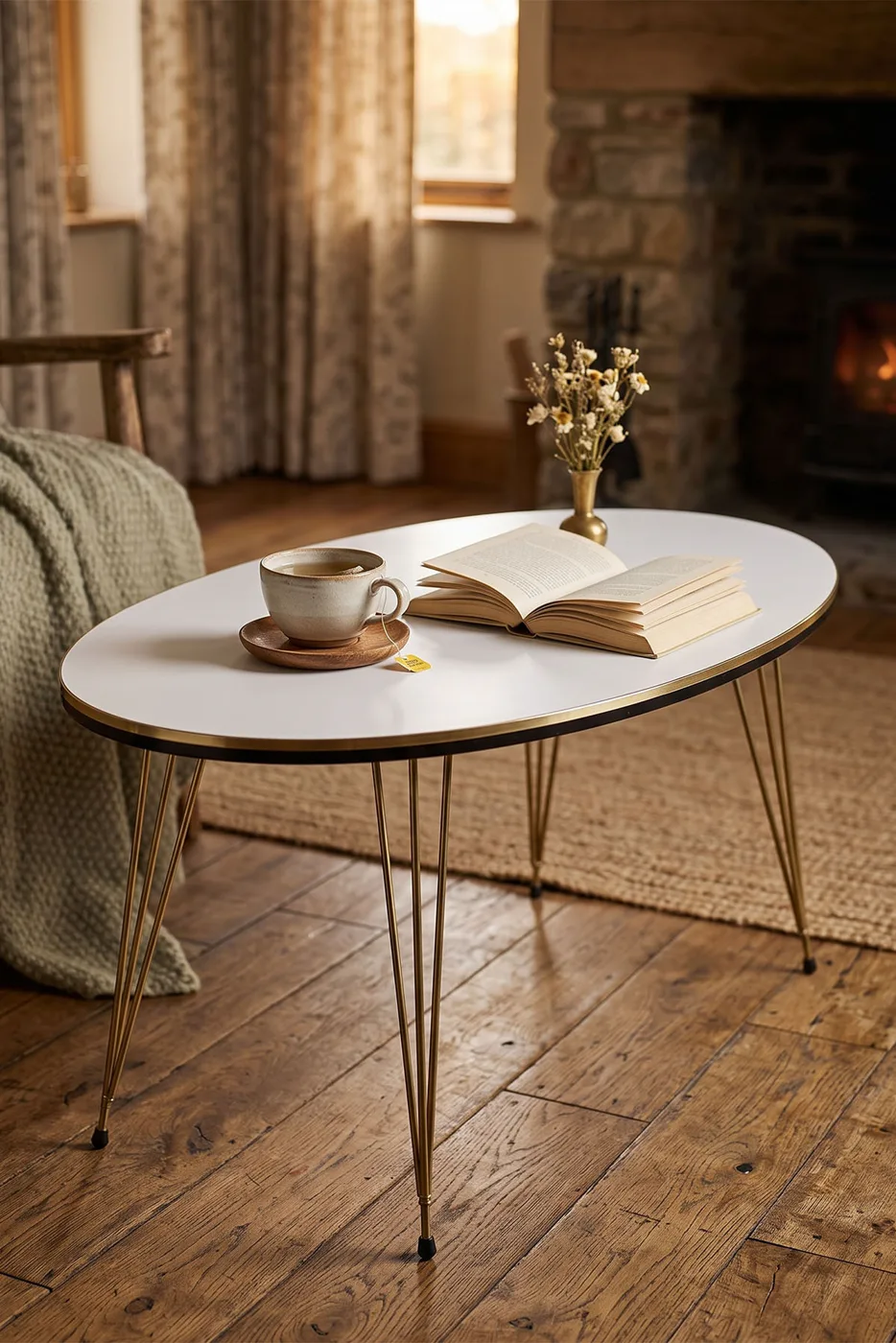 Oval Coffee Table Gold Wire Legs - White