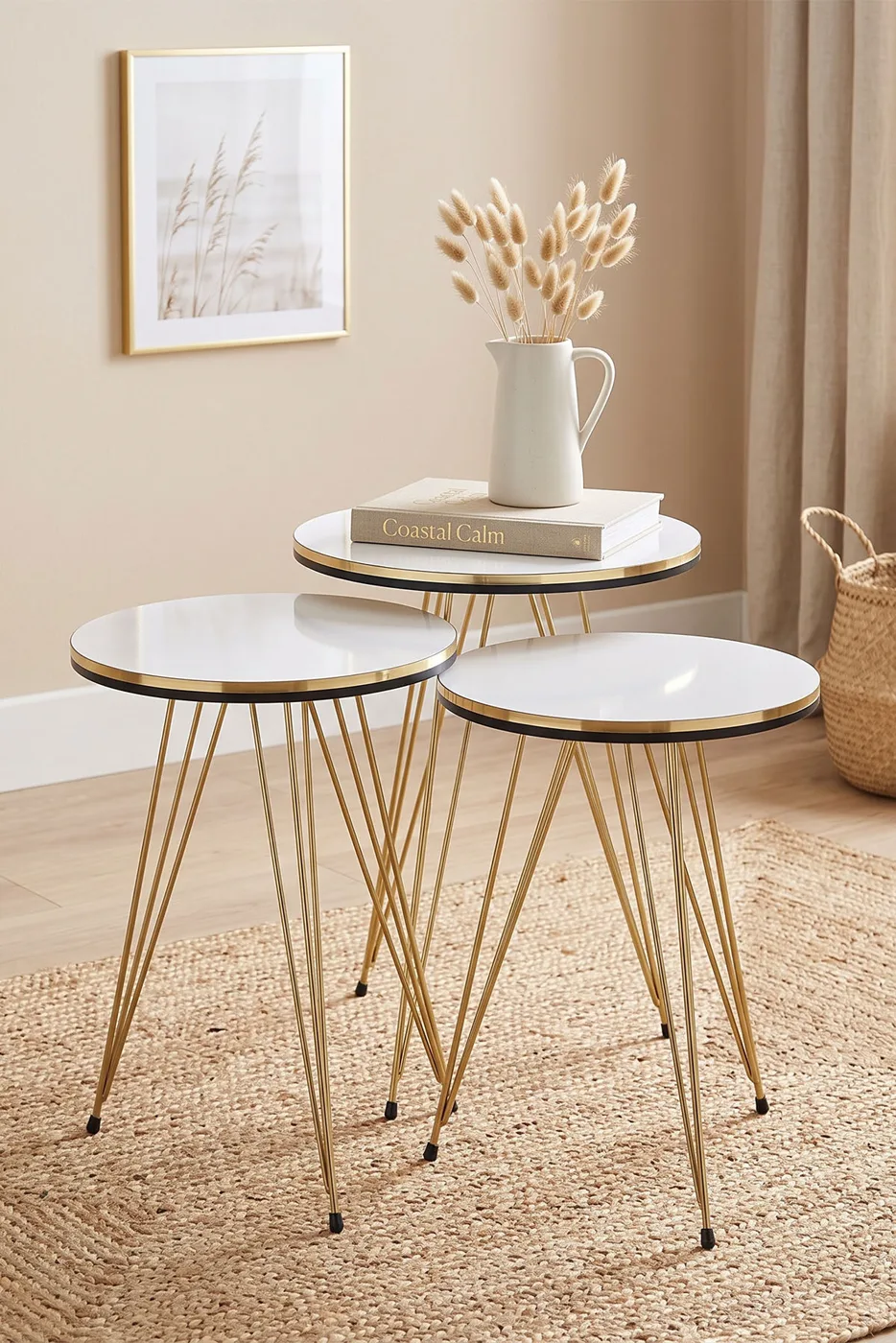 Round 4-Piece Table Set Gold Wire Legs - White Marble Effect 1