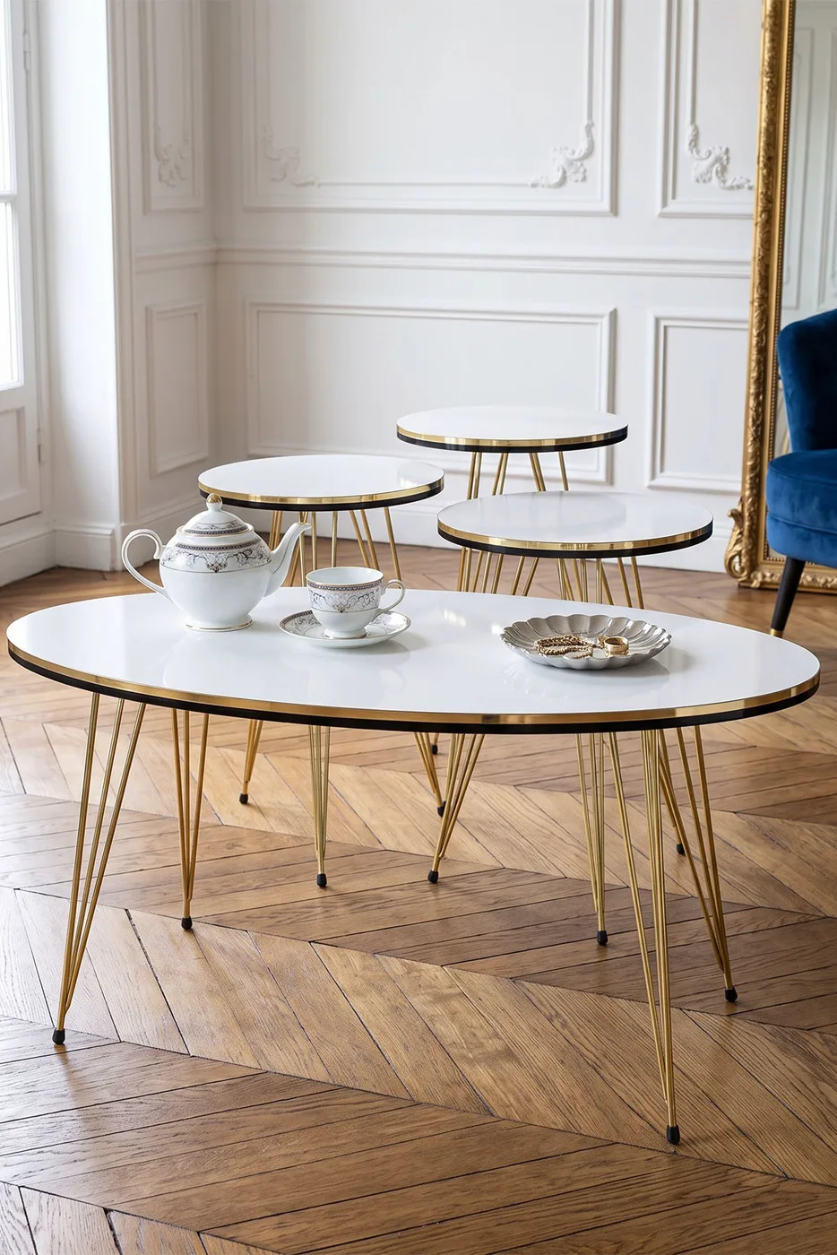 Round 4-Piece Table Set Gold Wire Legs - White Marble Effect 1