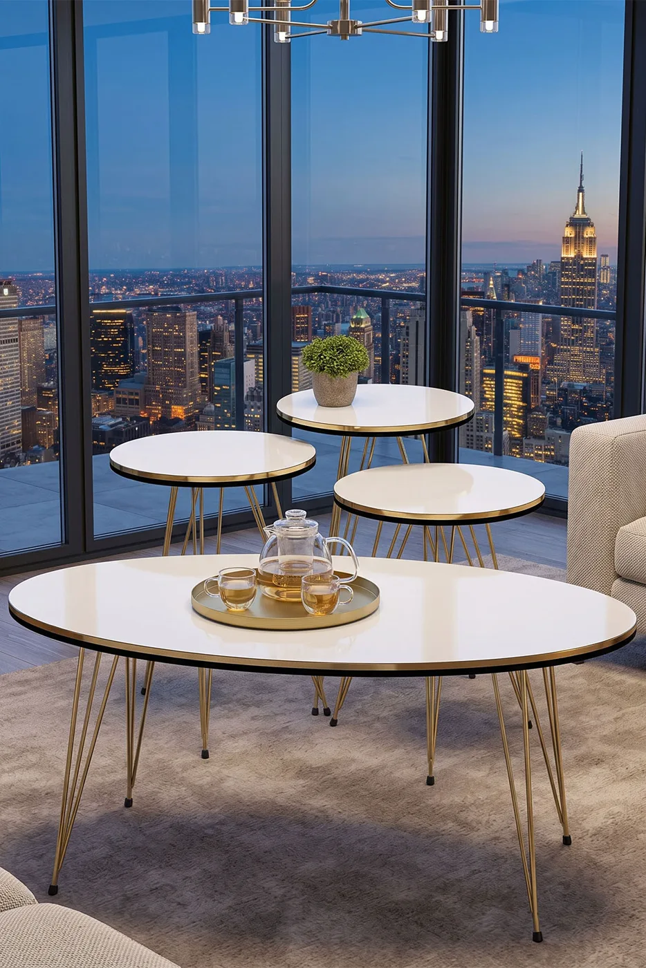 Round 4-Piece Table Set Gold Wire Legs - White Marble Effect 1