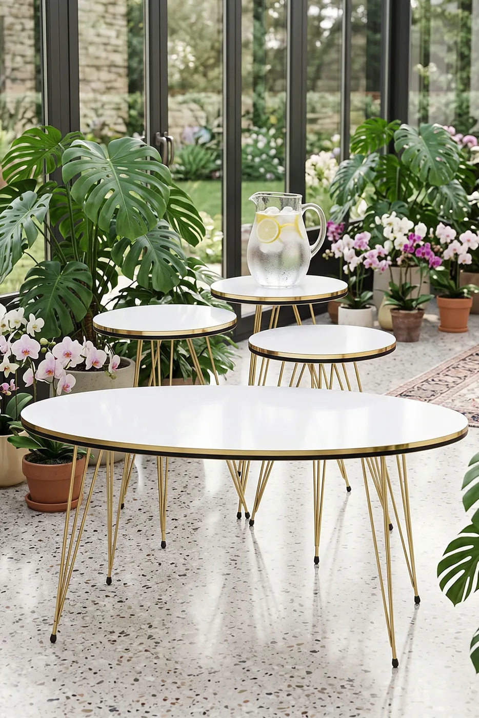 Round 4-Piece Table Set Gold Wire Legs - White Marble Effect 1
