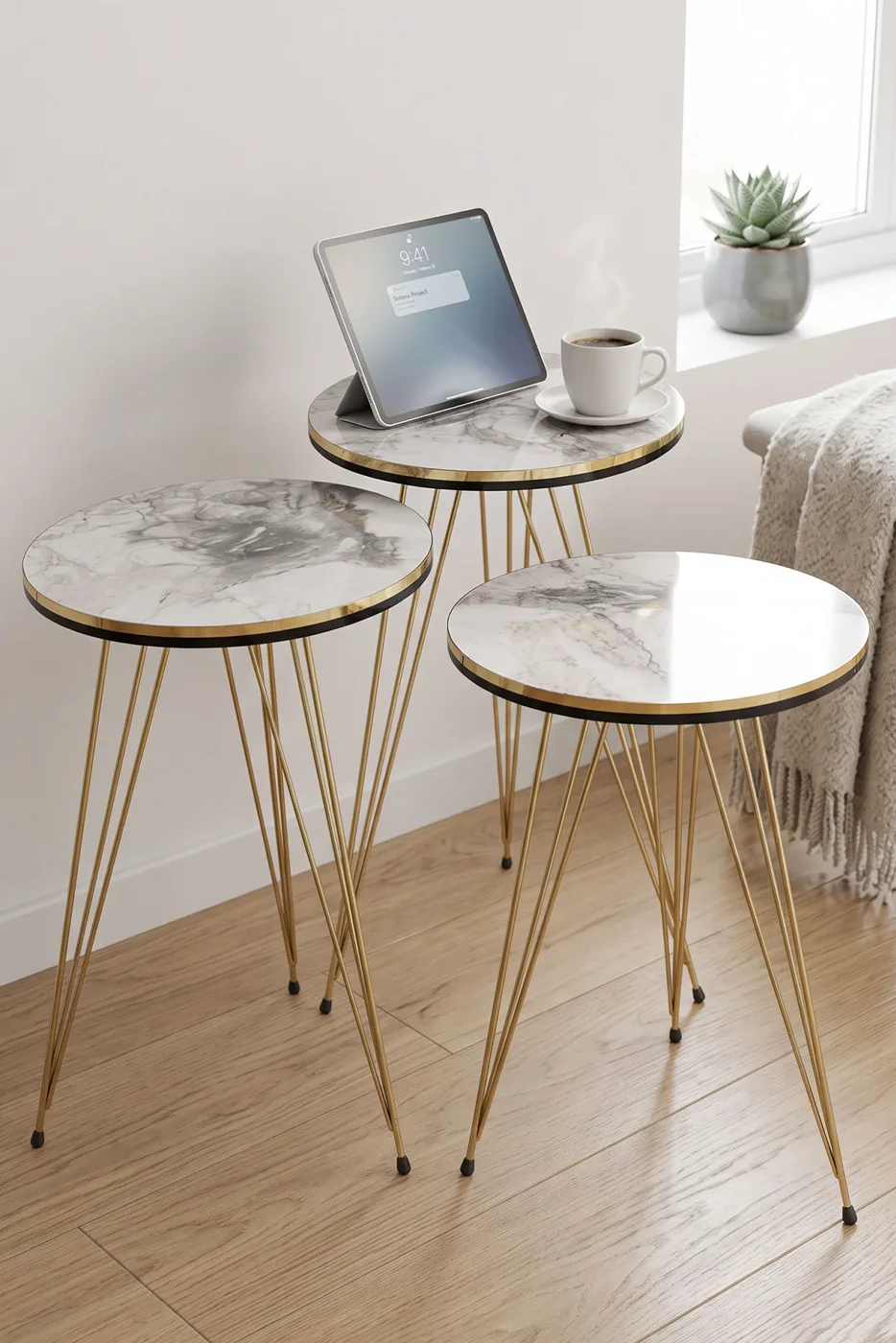 Round Nesting Table Set Gold Wire Legs - White Marble Effect
