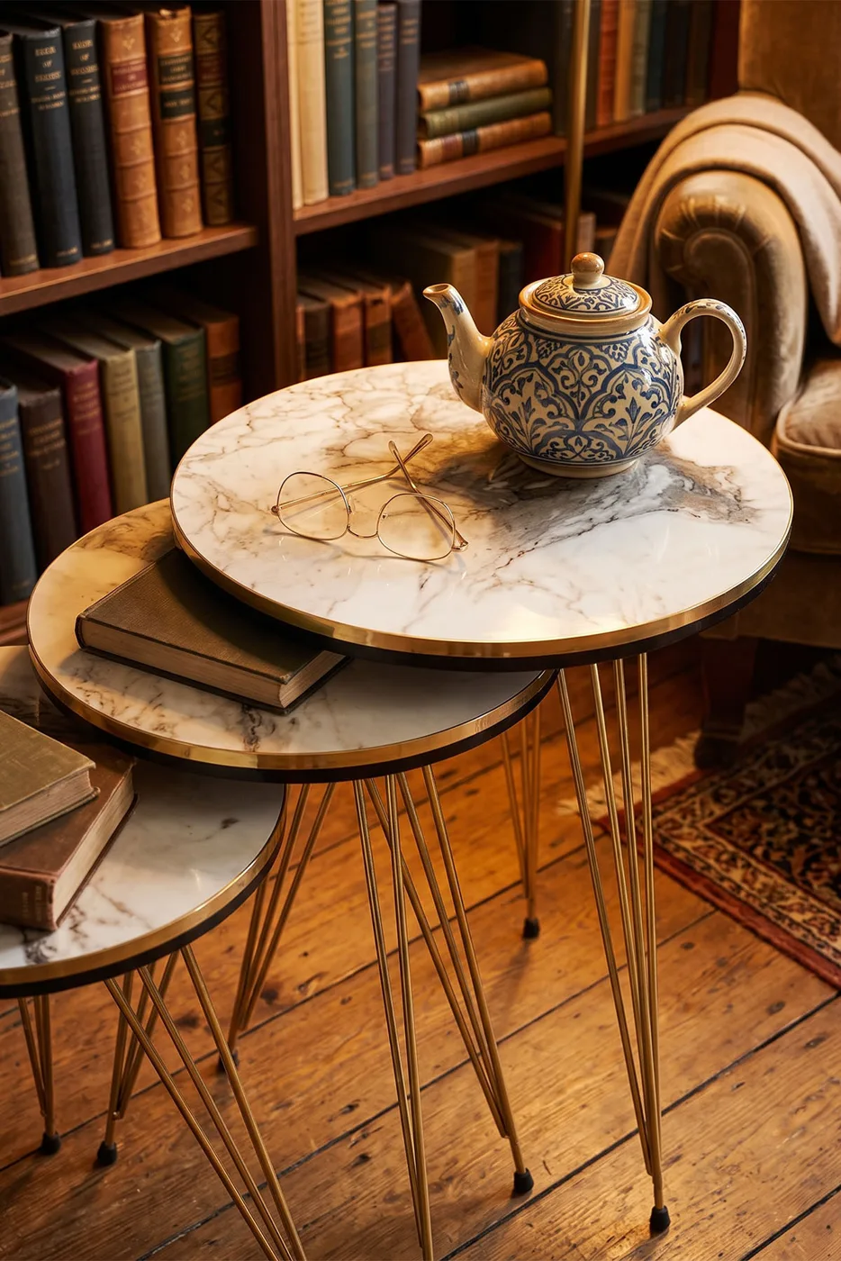 Round Nesting Table Set Gold Wire Legs - White Marble Effect