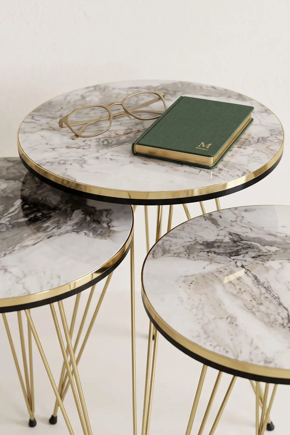 Round Nesting Table Set Gold Wire Legs - White Marble Effect