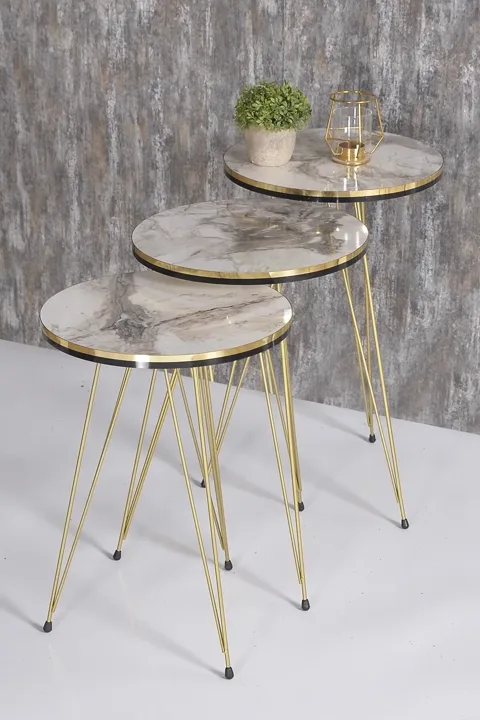 Round 4-Piece Table Set Gold Wire Legs - White Marble Effect