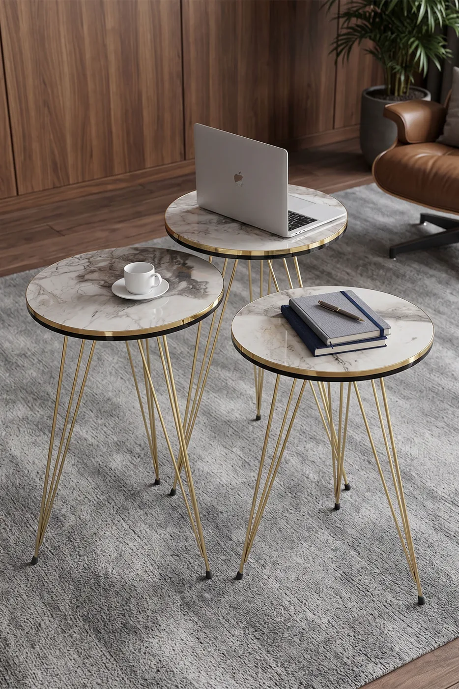 Round 4-Piece Table Set Gold Wire Legs - White Marble Effect