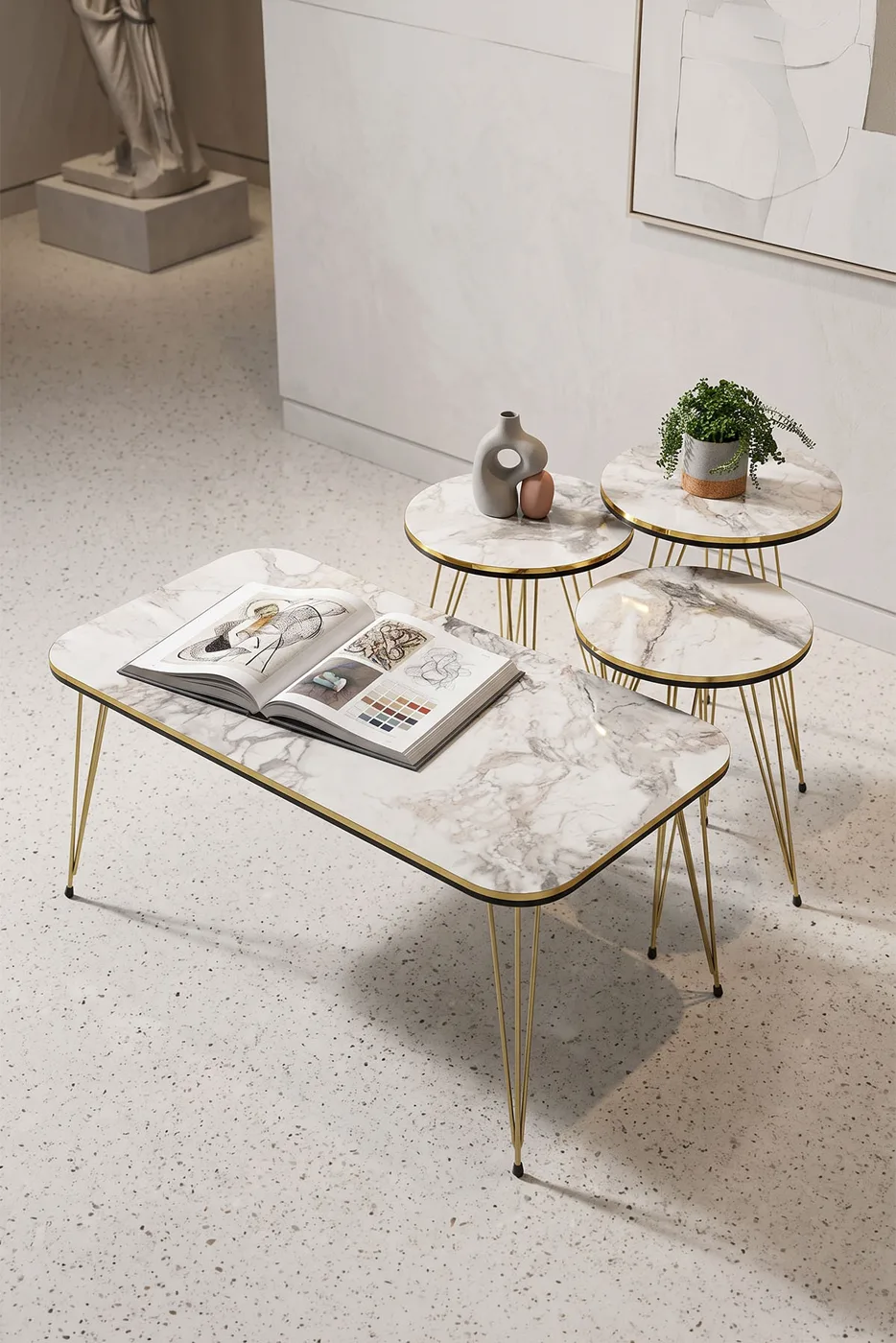 Round 4-Piece Table Set Gold Wire Legs - White Marble Effect
