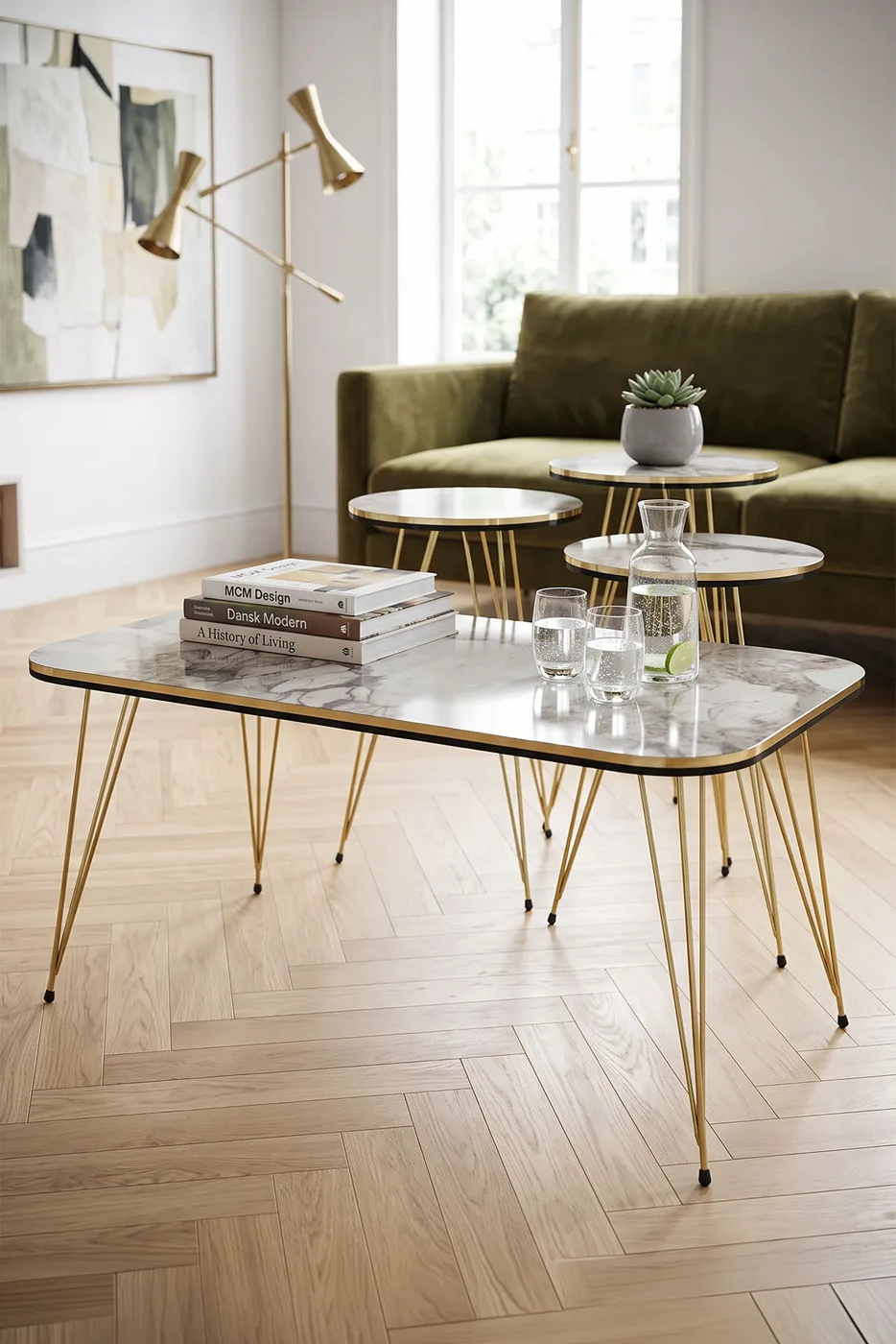 Round 4-Piece Table Set Gold Wire Legs - White Marble Effect