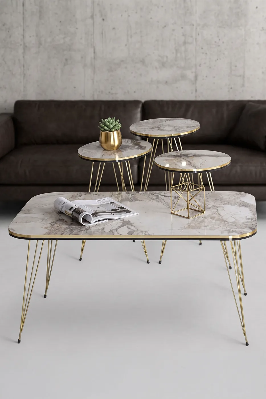 Round 4-Piece Table Set Gold Wire Legs - White Marble Effect