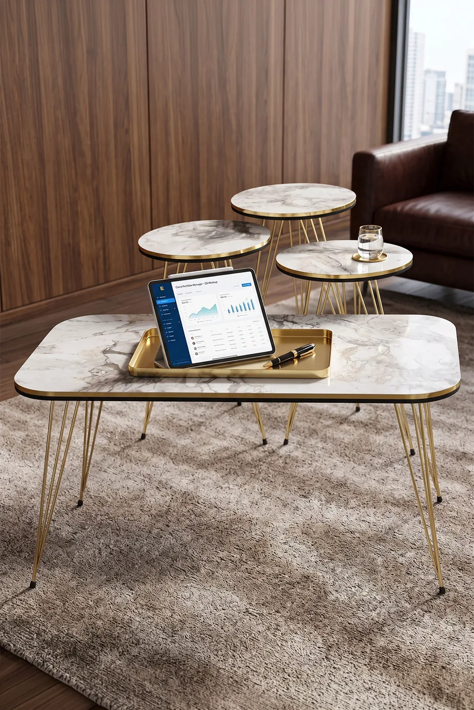 Round 4-Piece Table Set Gold Wire Legs - White Marble Effect