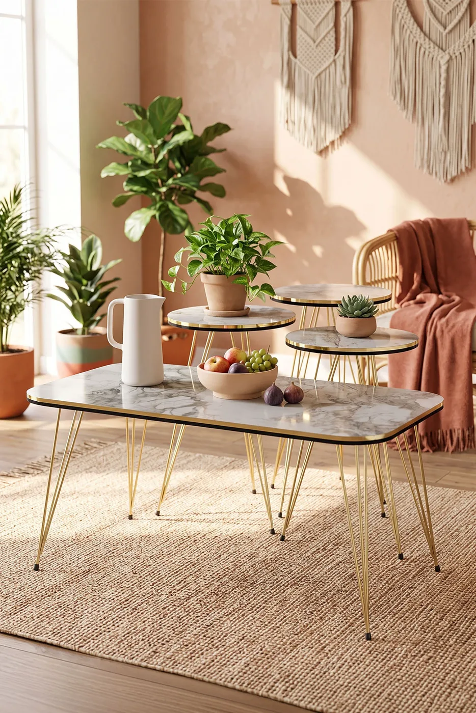 Round 4-Piece Table Set Gold Wire Legs - White Marble Effect