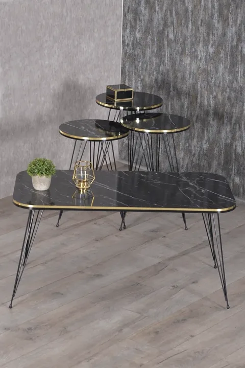 Rechteckiges 4-teiliges Satztisch-Set mit schwarzen Drahtbeinen - Schwarz Marmoroptik