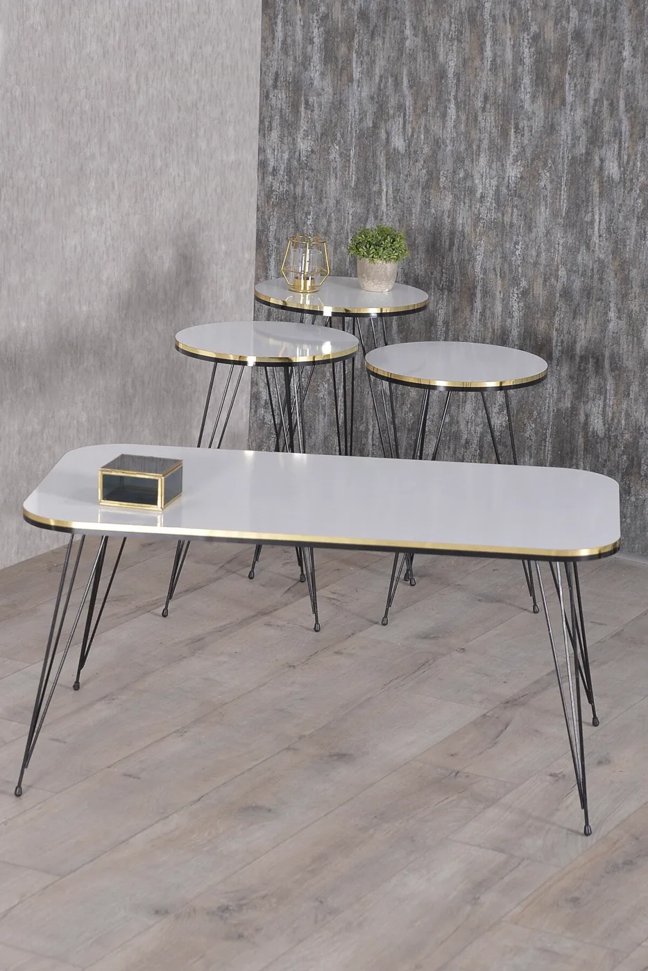 Ensemble de tables rectangulaires 4 pièces à pieds filaires noirs - blanc