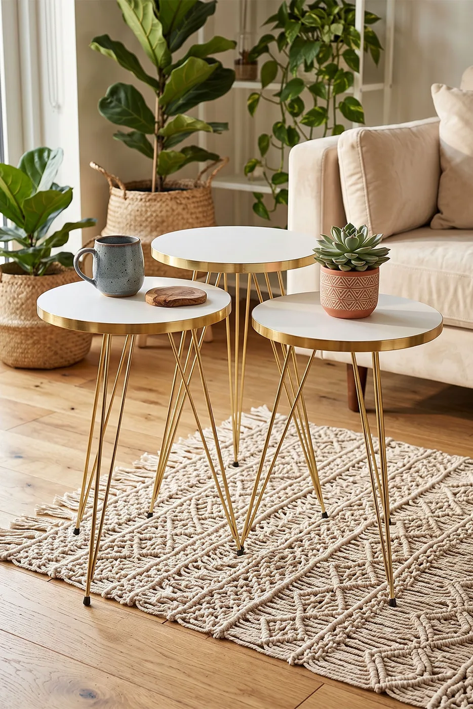 Round Nesting Table Set Gold Wire Legs - White
