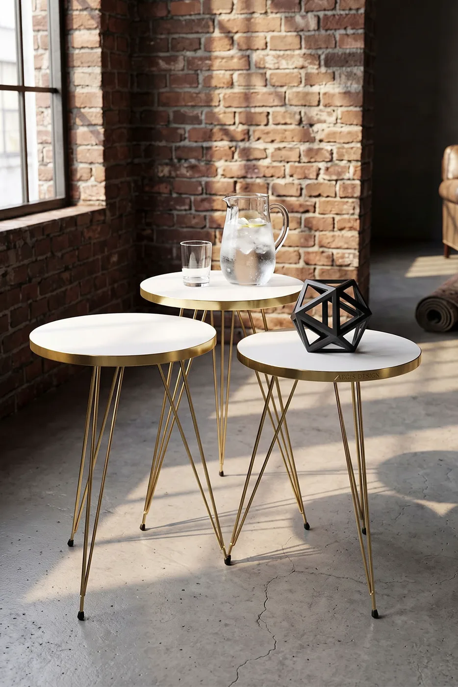 Round Nesting Table Set Gold Wire Legs - White