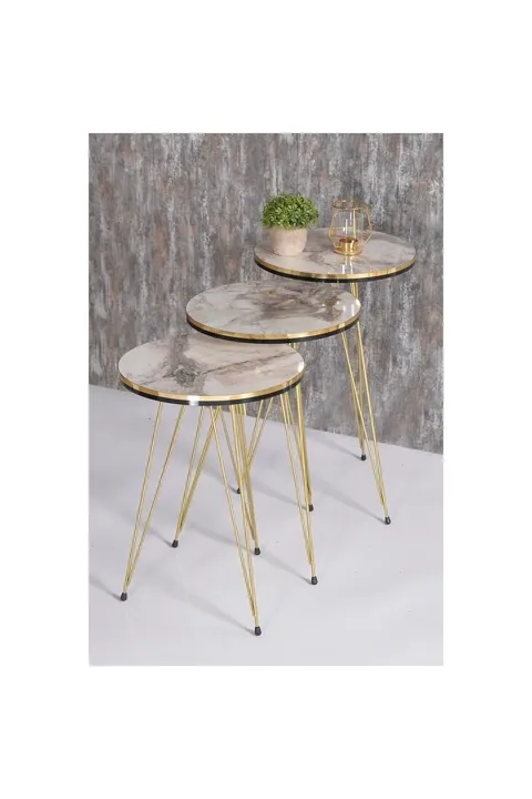 Round 4-Piece Table Set Gold Wire Legs - White Marble Effect