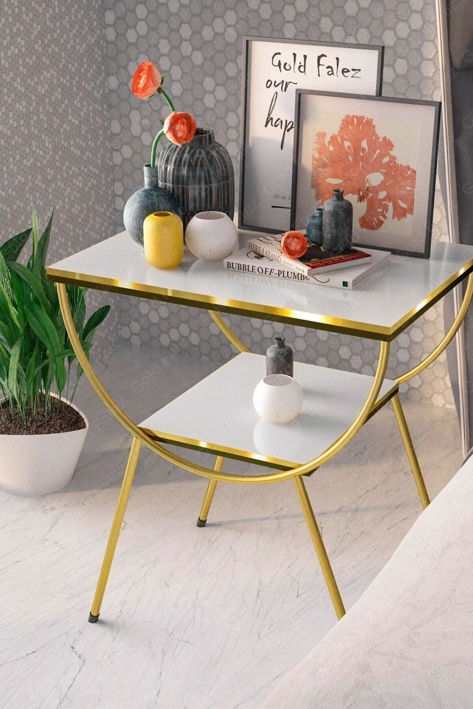 Arc Metal Leg Rectangular Side Table - White