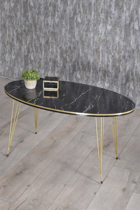 Round 4-Piece Table Set Gold Wire Legs - Black Marble Effect