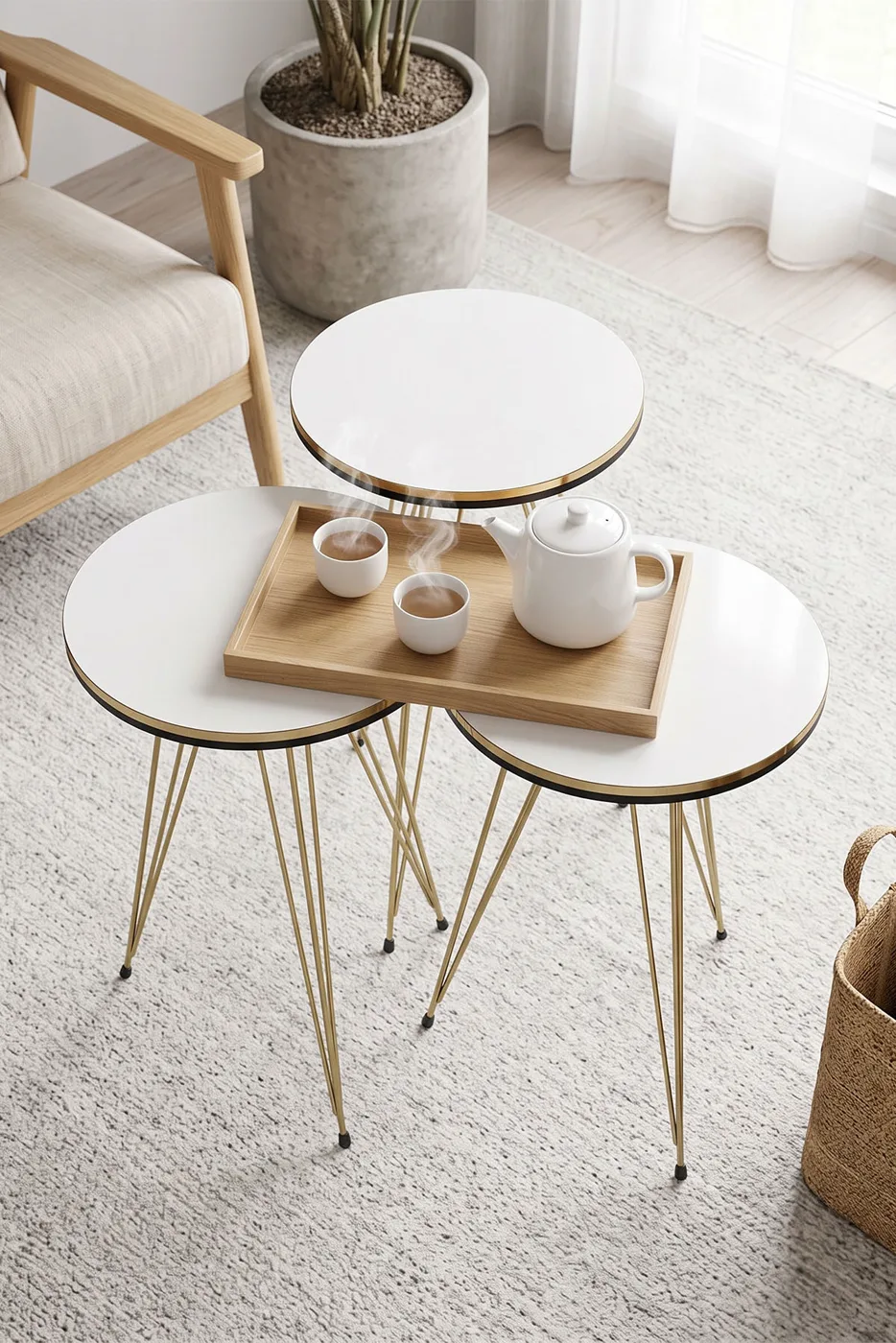 Round 4-Piece Table Set Gold Wire Legs - White