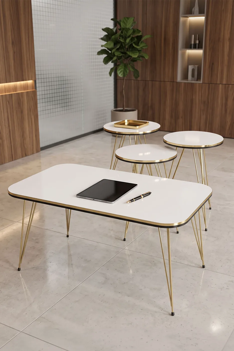 Round 4-Piece Table Set Gold Wire Legs - White