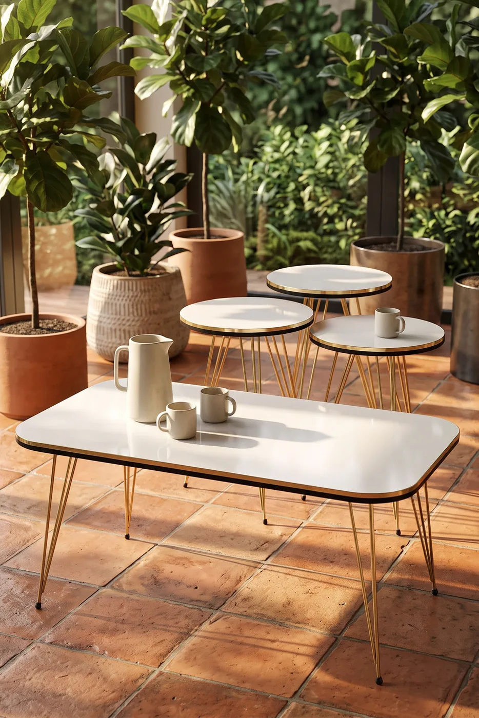 Round 4-Piece Table Set Gold Wire Legs - White