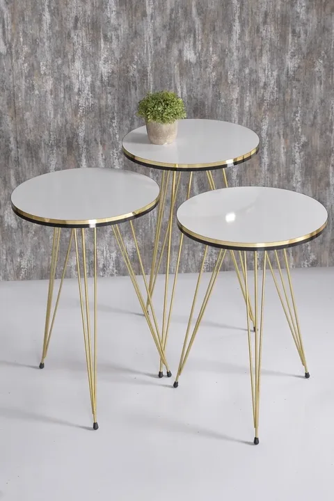 Round 4-Piece Table Set Gold Wire Legs - White