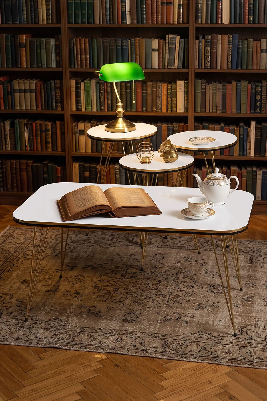 Round 4-Piece Table Set Gold Wire Legs - White