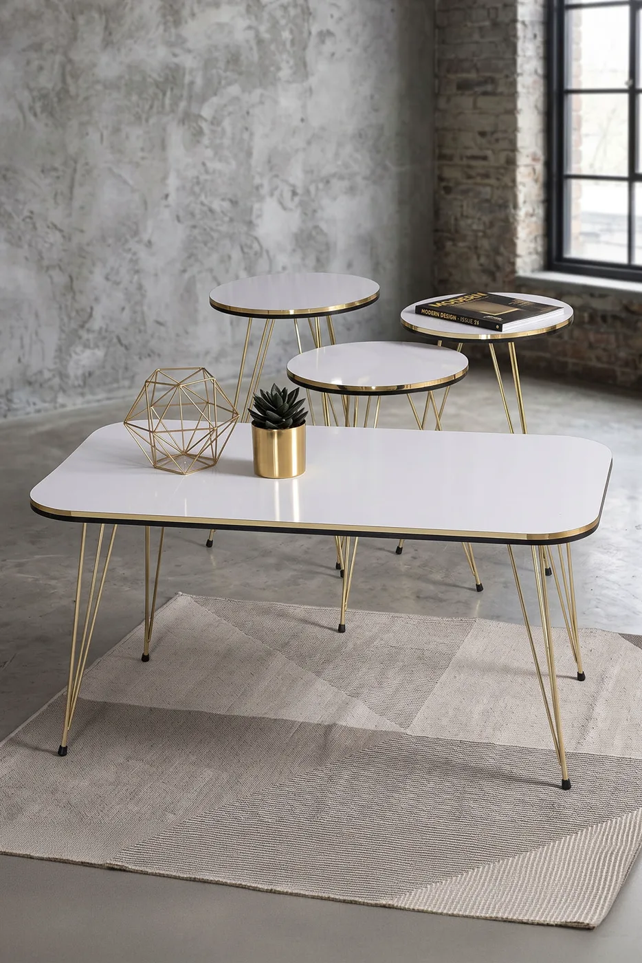 Round 4-Piece Table Set Gold Wire Legs - White