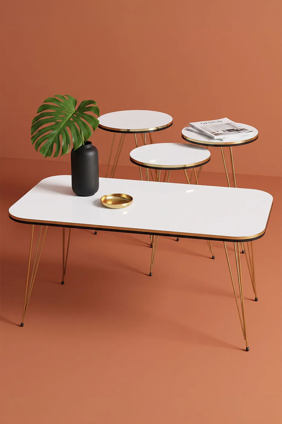 Round 4-Piece Table Set Gold Wire Legs - White
