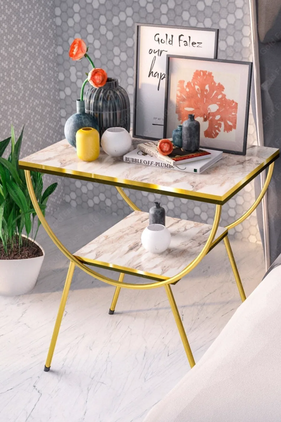 Arc Metal Leg Rectangular Side Table - White Marble Effect