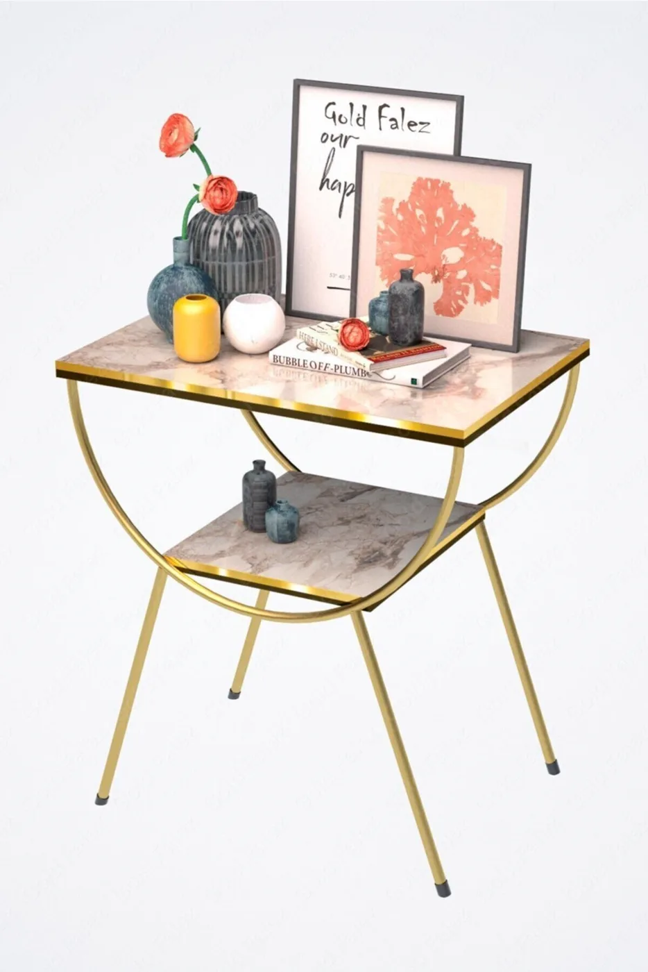 Arc Metal Leg Rectangular Side Table - White Marble Effect
