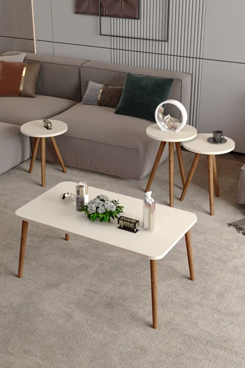 Square Coffee & Nesting Table Set Turned Wooden Legs - Cream