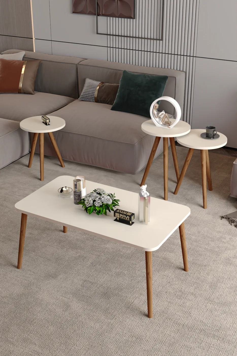 Set di tavolini da salotto e a incastro quadrati con gambe in legno tornite - crema